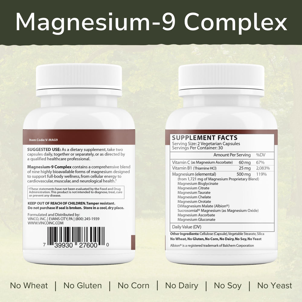 Vinco Magnesium-9 Complex capsules close-up highlighting the multi-form blend.