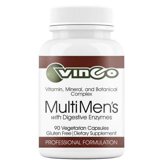 Vinco MultiMen bottle closeup highlights capsules for daily energy and wellness.