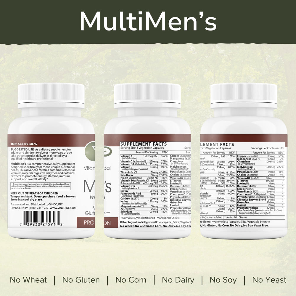 Vinco MultiMen ingredients icons explain vitamins and minerals for immune support and energy.