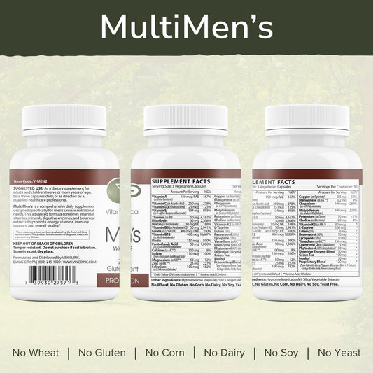 Vinco MultiMen ingredients icons explain vitamins and minerals for immune support and energy.