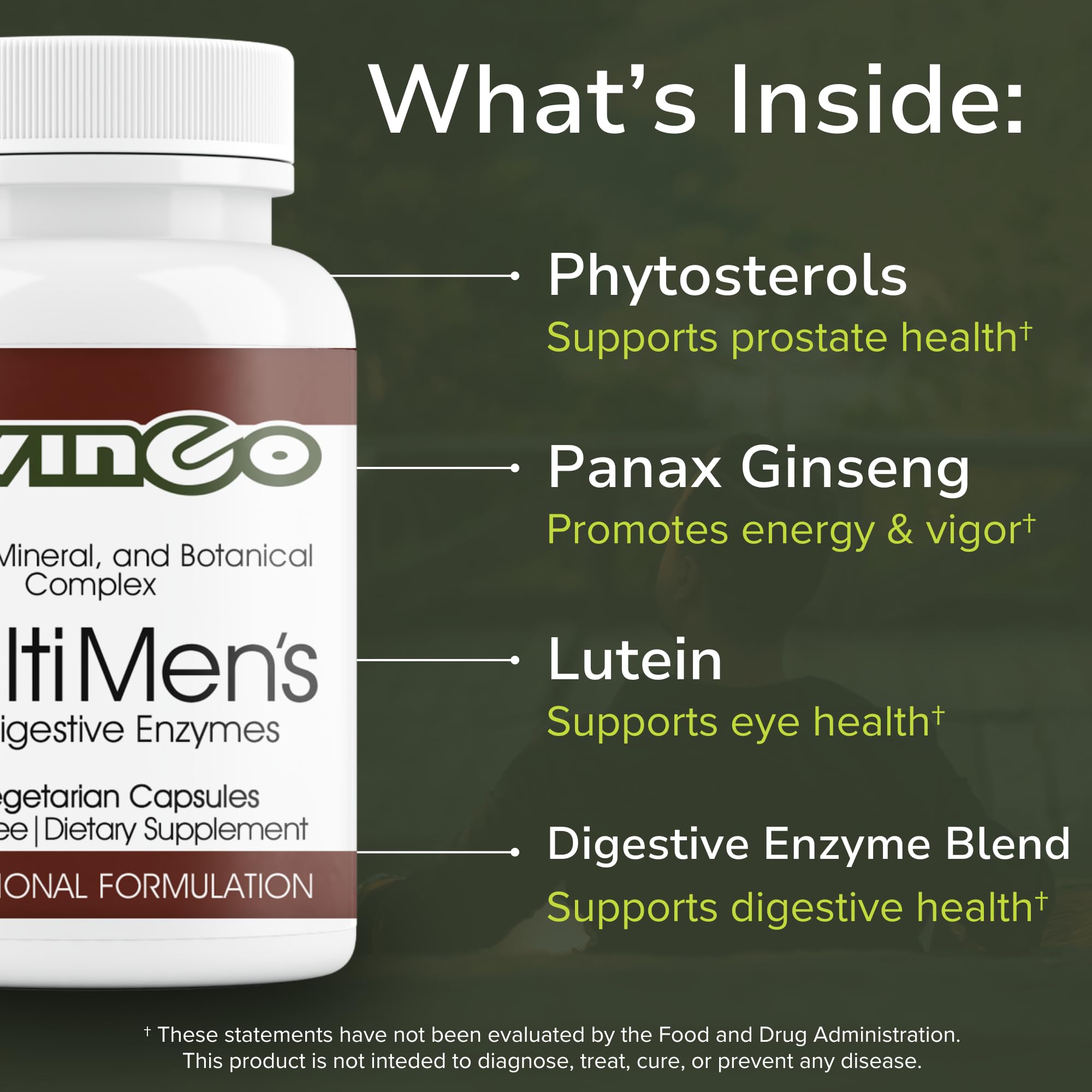 Vinco MultiMen product box in a morning routine shot for daily energy and focus.