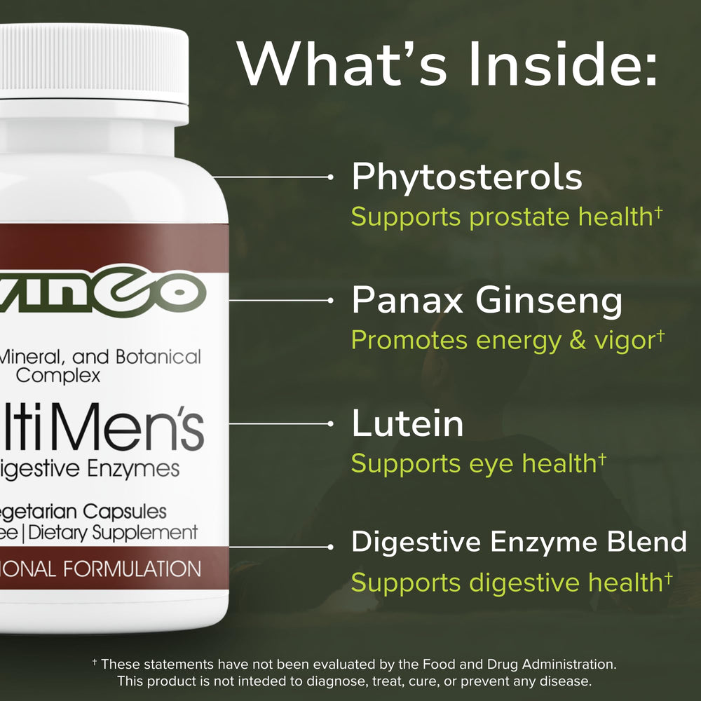 Vinco MultiMen product box in a morning routine shot for daily energy and focus.