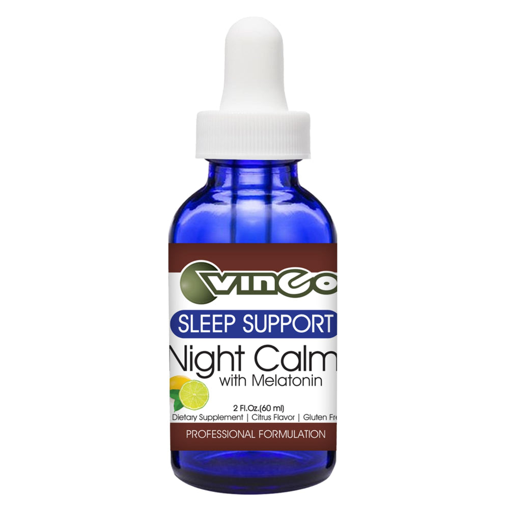 Vinco Night Calm bottle front promotes a calm evening routine and sleep support.