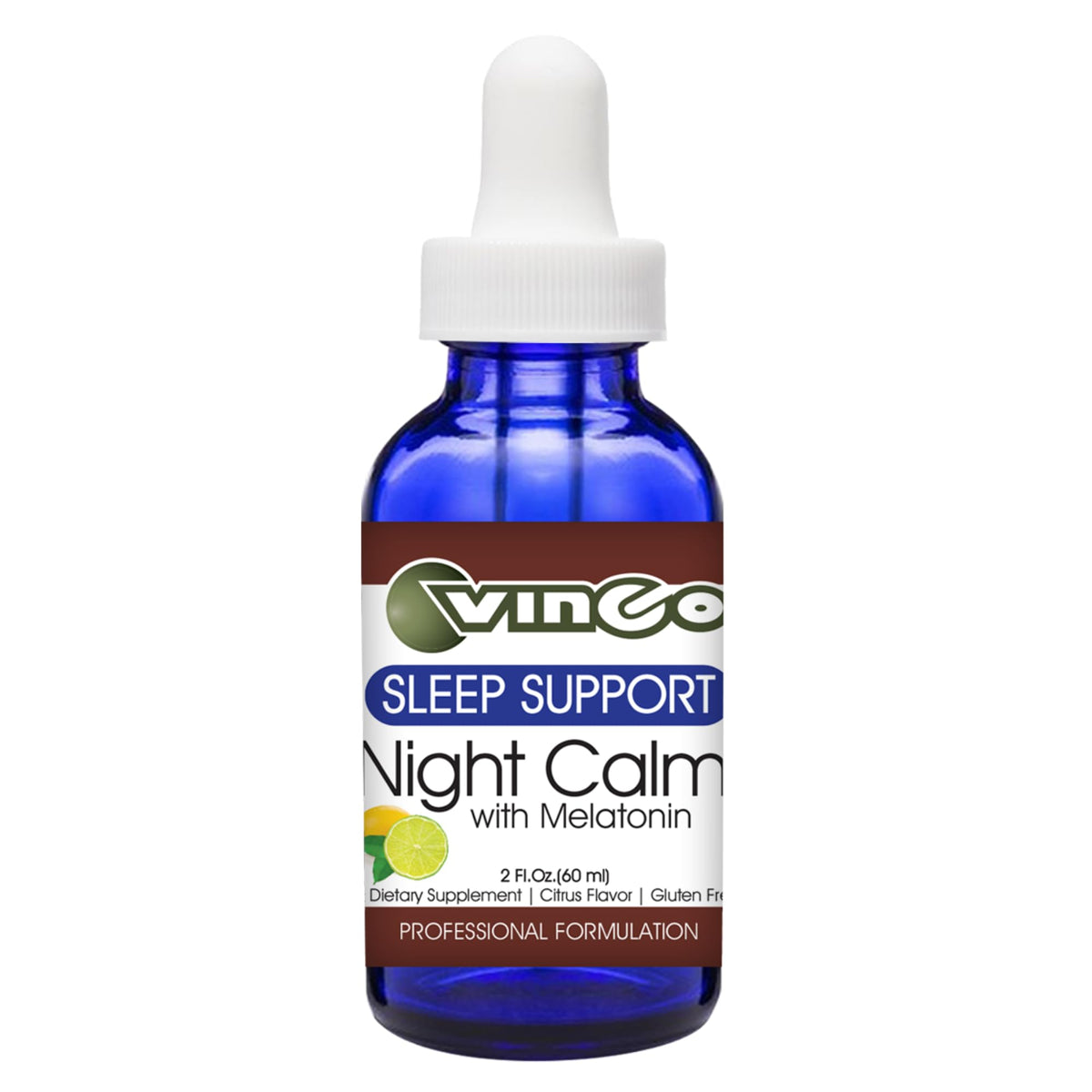 Vinco Night Calm bottle front promotes a calm evening routine and sleep support.