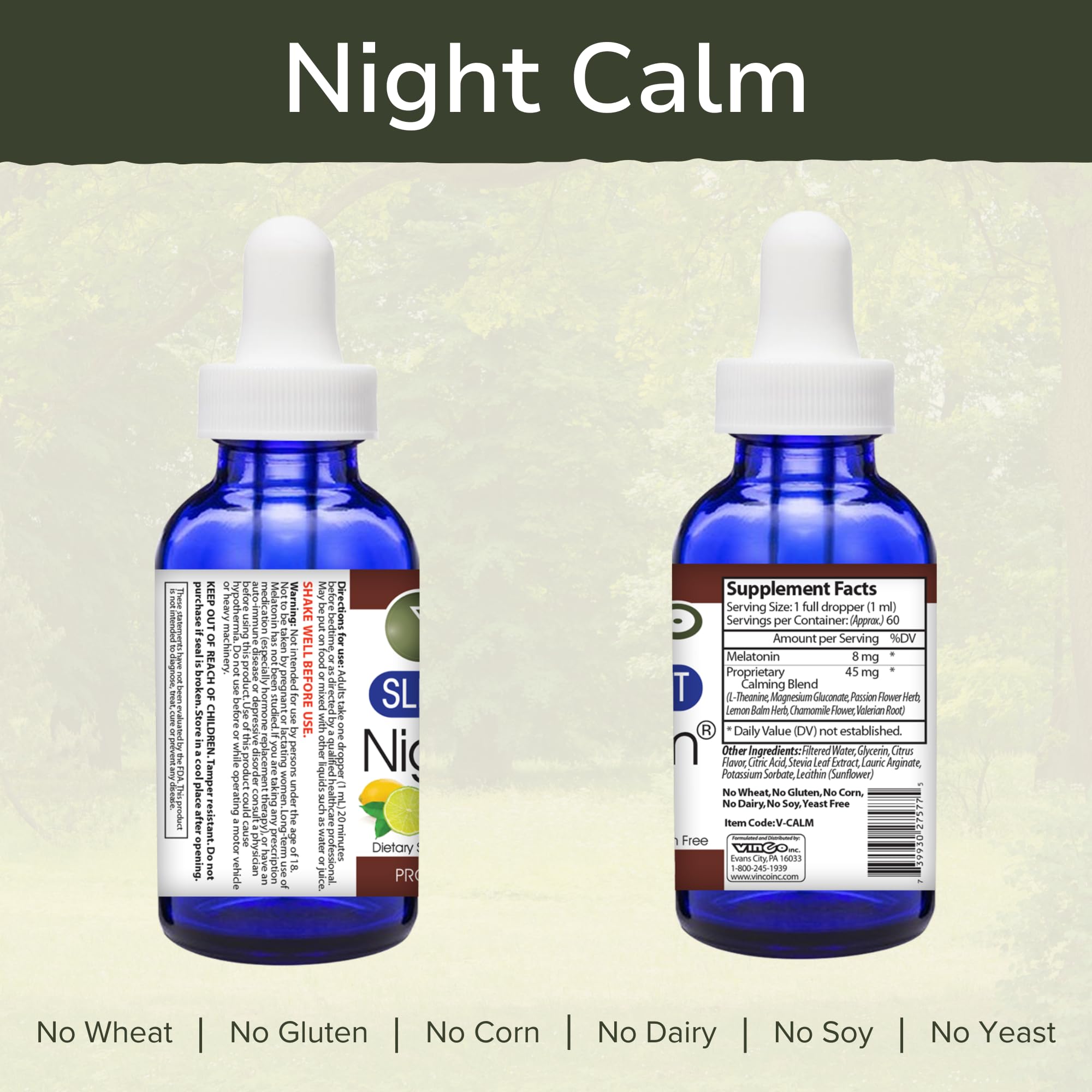 Vinco Night Calm bottle label highlights melatonin and herbal blends for restful nights.