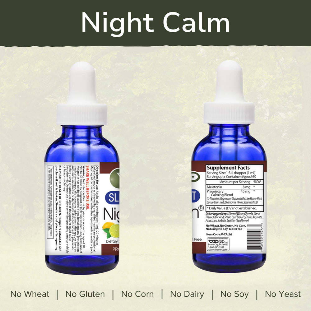 Vinco Night Calm bottle label highlights melatonin and herbal blends for restful nights.
