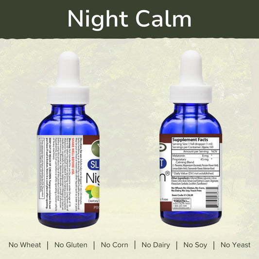 Vinco Night Calm bottle label highlights melatonin and herbal blends for restful nights.