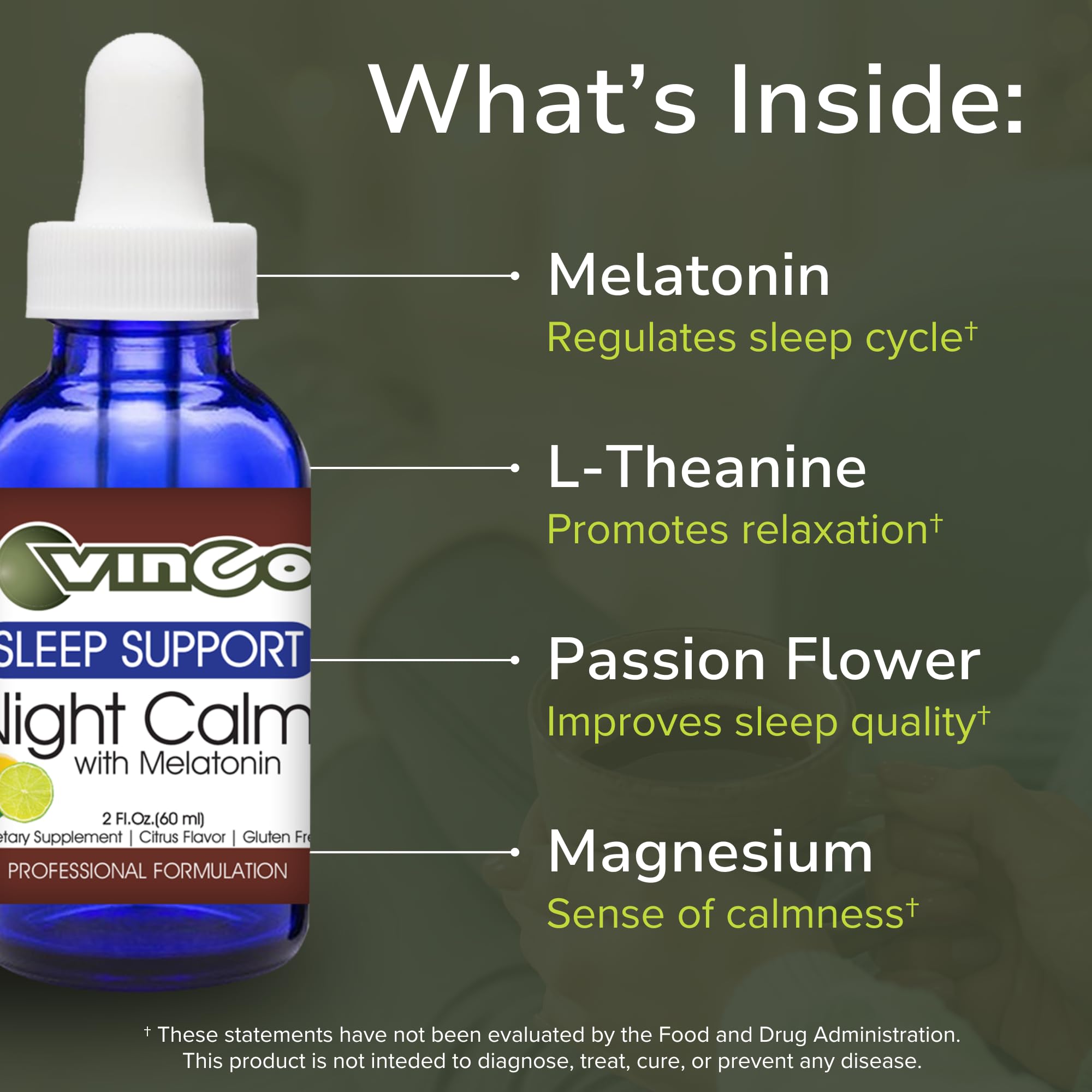 Vinco Night Calm capsules ready for daily use to support mood and relaxation.