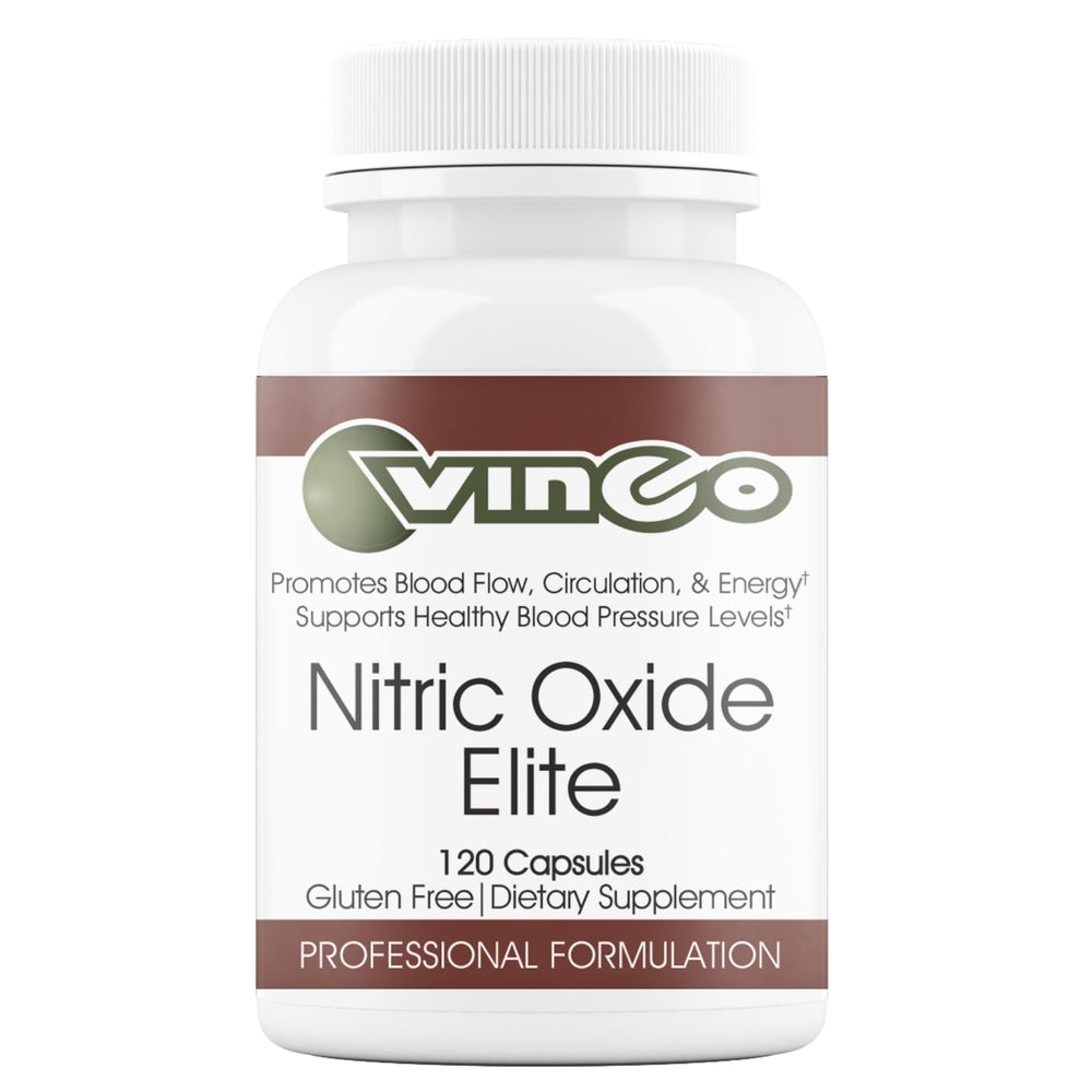 Vinco Nitric Oxide Elite bottle front for daily energy support.