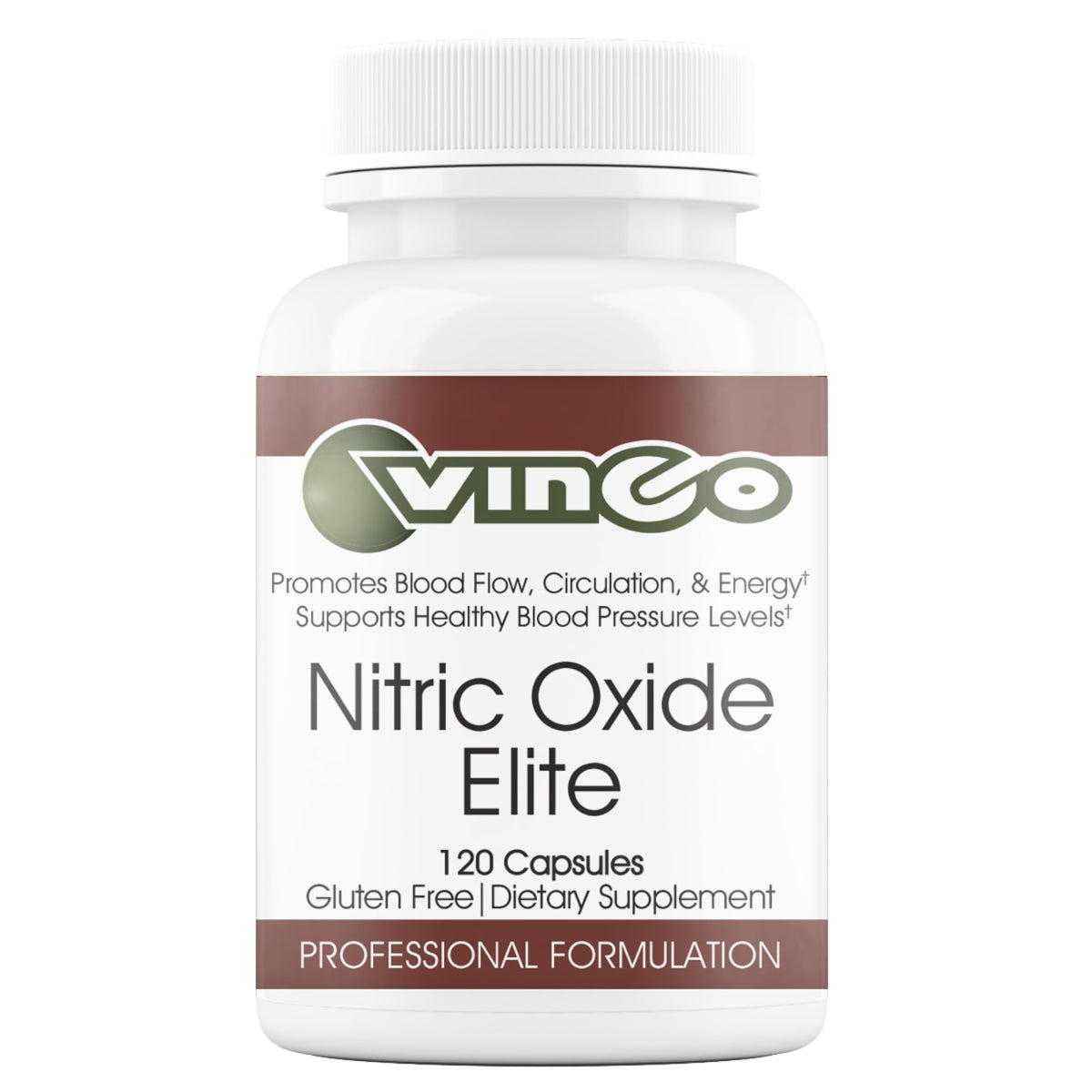 Vinco Nitric Oxide Elite bottle front for daily energy support.
