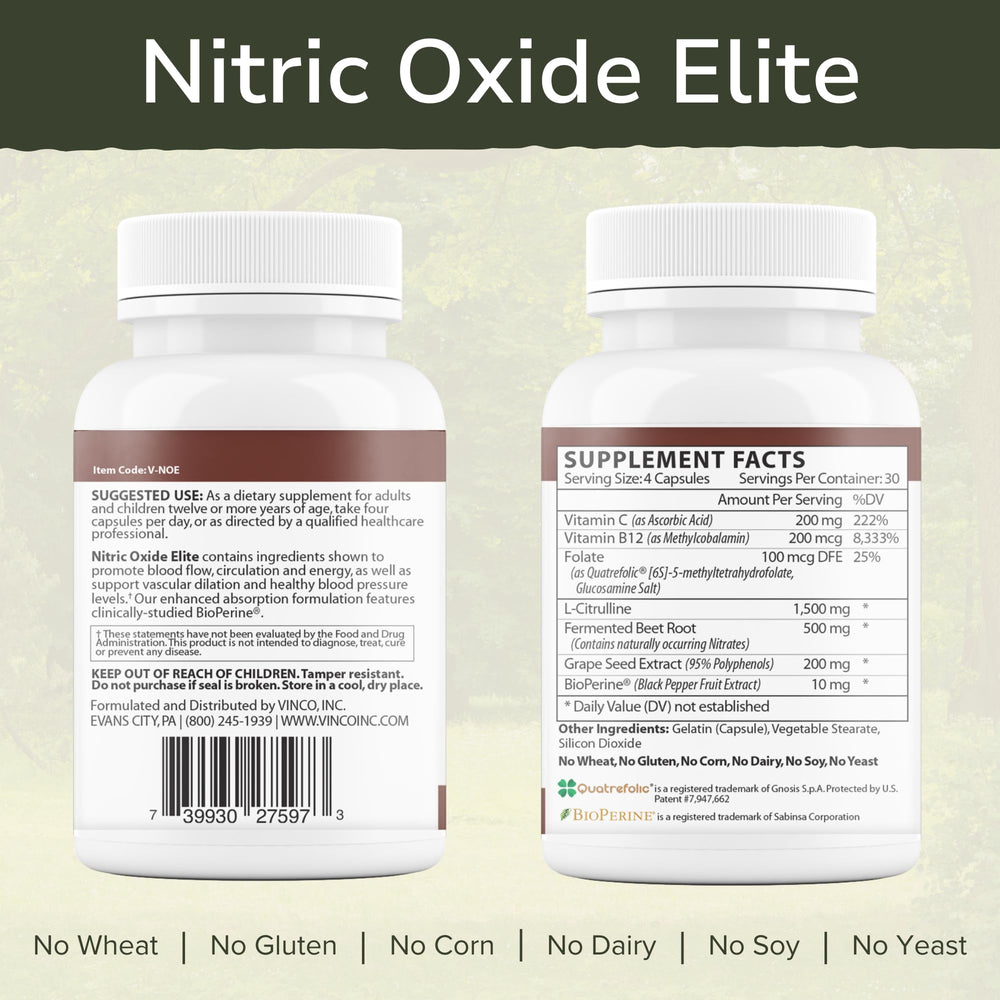 Vinco Nitric Oxide Elite bottle label highlights ingredients and benefits.
