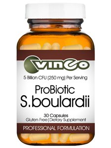 Vinco Saccharomyces boulardii bottle of capsules for digestive support.
