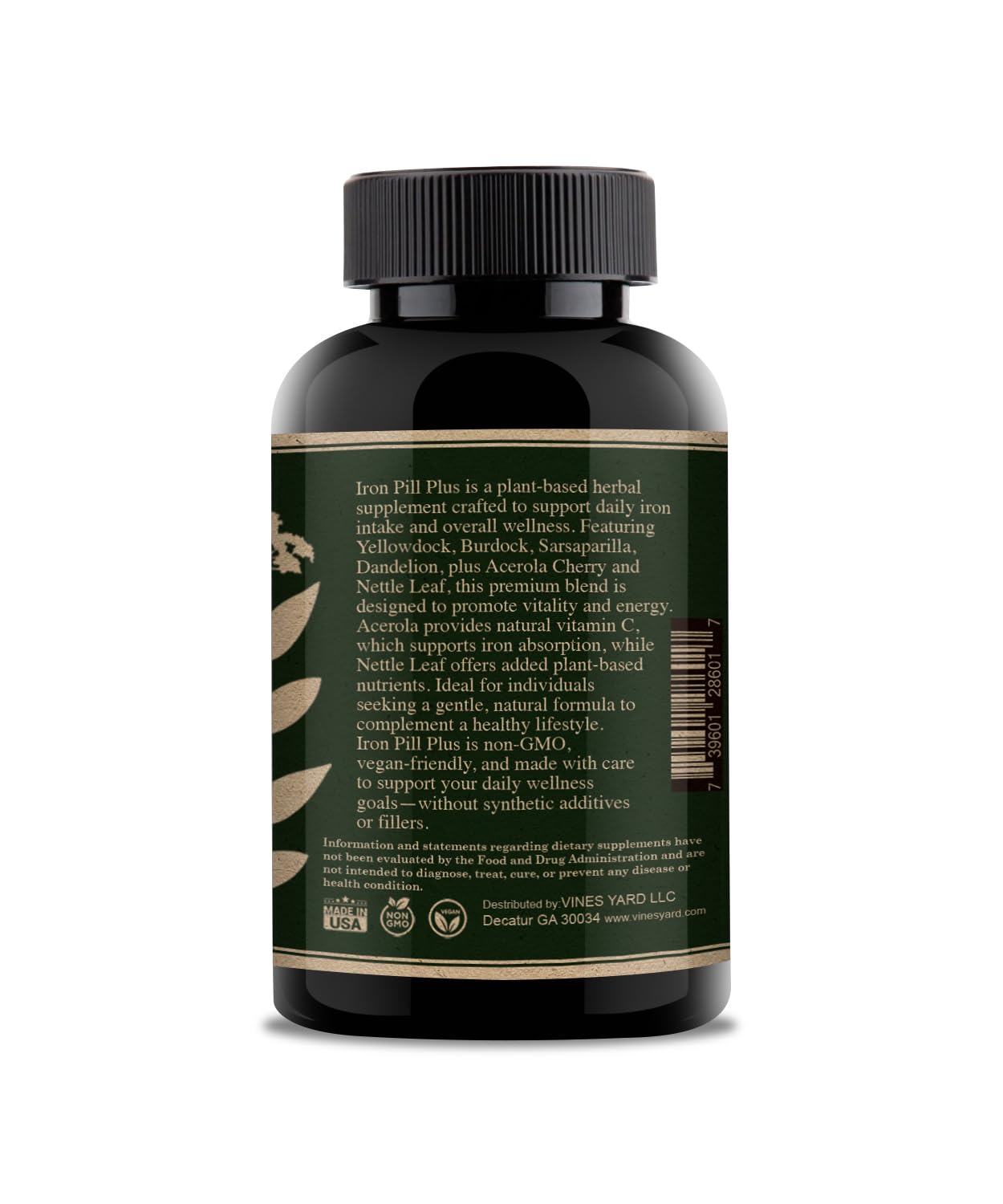 Closeup of Iron Pill Plus label highlighting vegan, non-GMO formula.