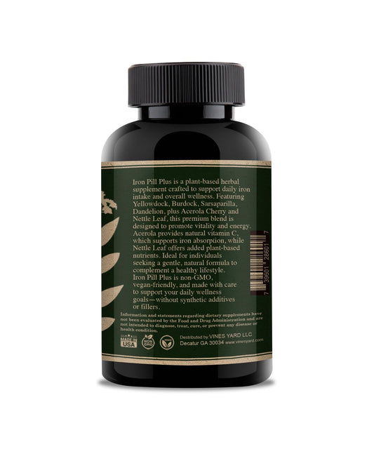 Closeup of Iron Pill Plus label highlighting vegan, non-GMO formula.