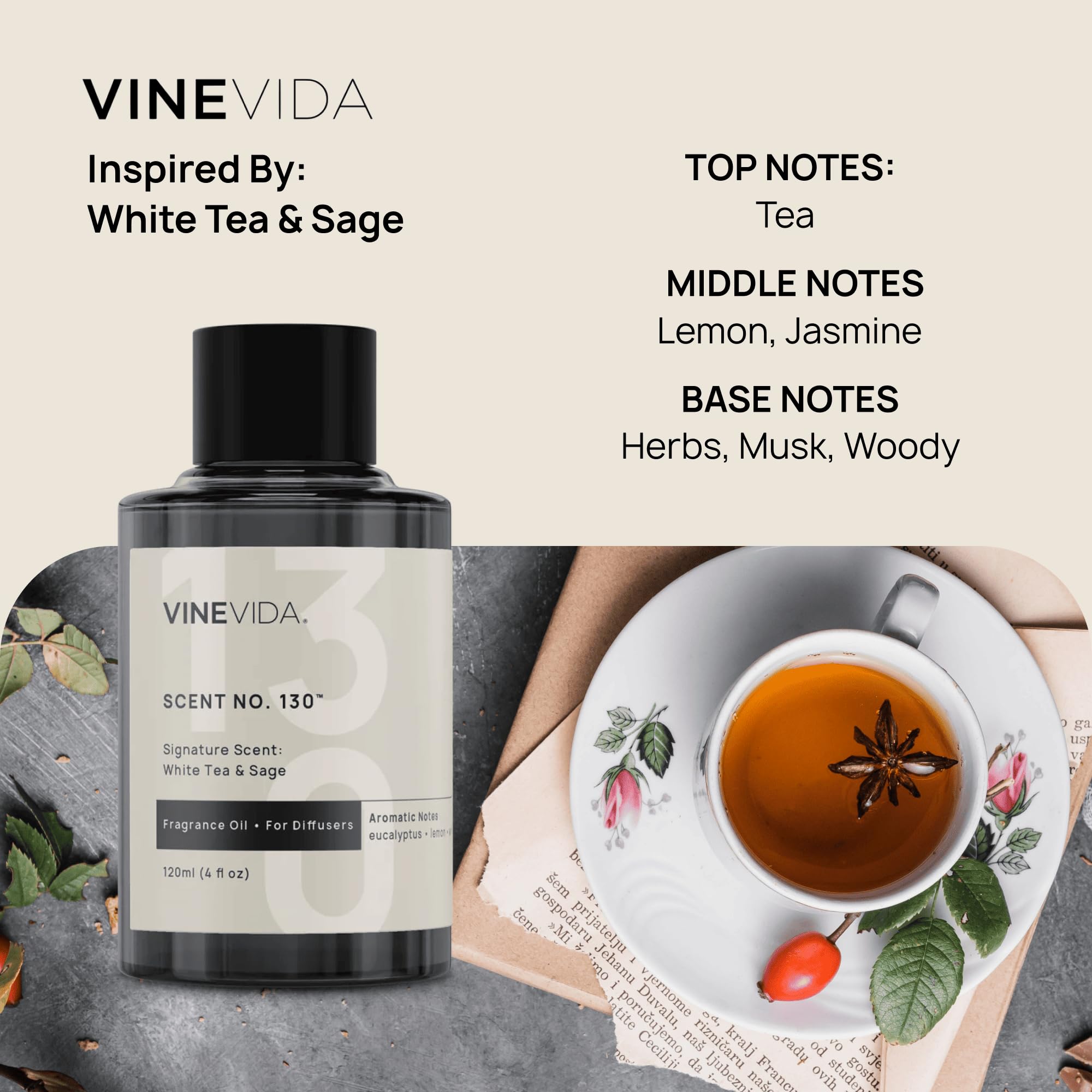 VINEVIDA Clean Collection White Tea & Sage diffuser oil bottle with refined calm notes