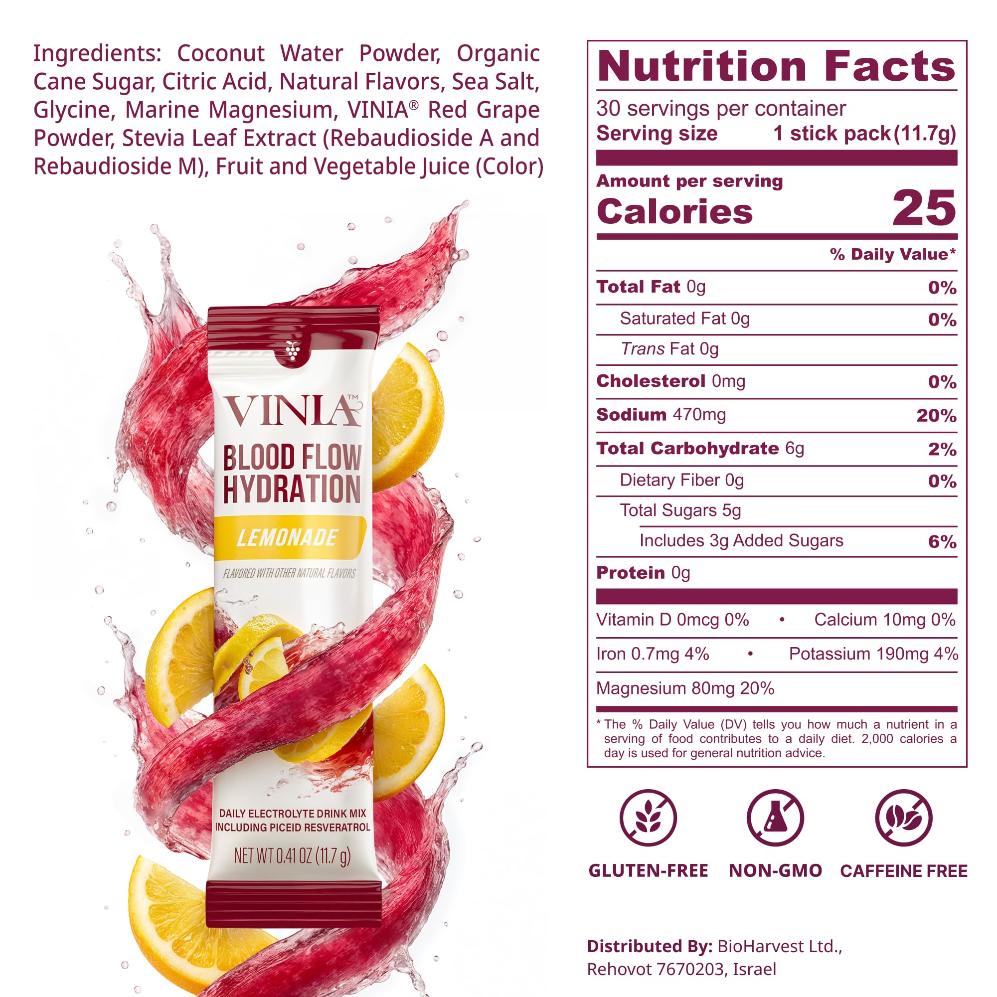 VINIA lemonade powder being poured into glass supports quick hydration and circulation.