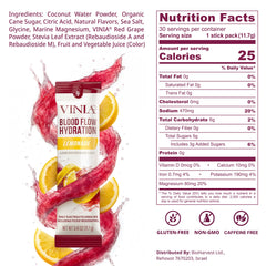 VINIA lemonade powder being poured into glass supports quick hydration and circulation.