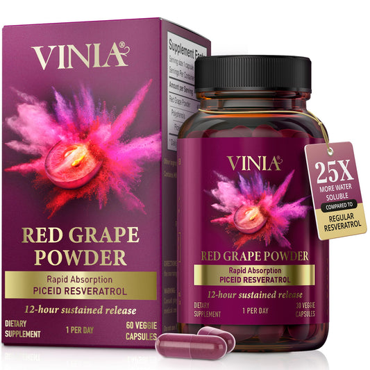 VINIA piceid resveratrol capsules bottle showing daily cardiovascular support.