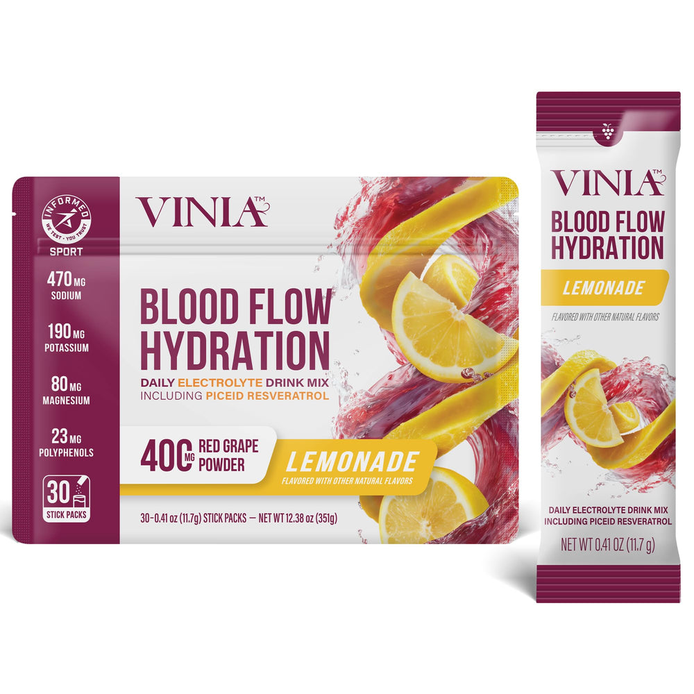 VINIA resveratrol electrolyte hydration lemonade stick ready to mix, boosts hydration support.