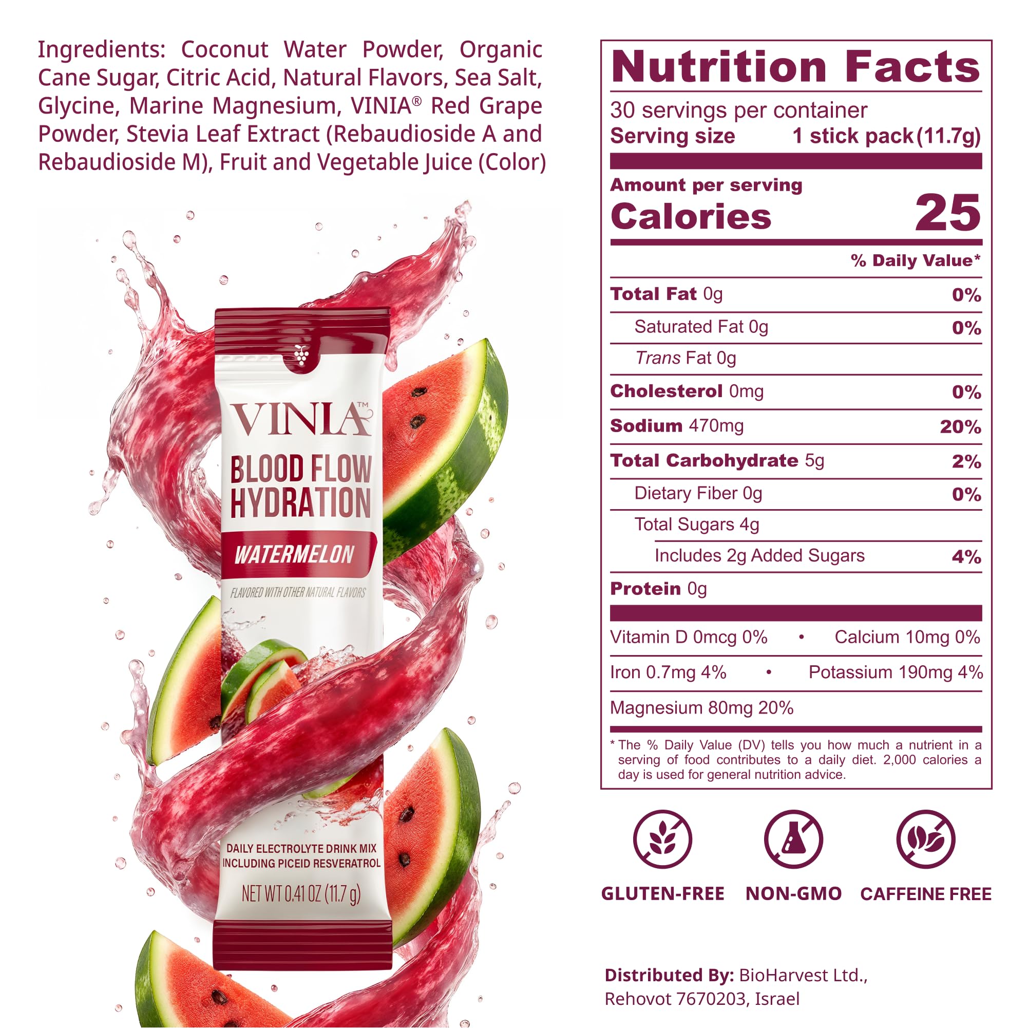 VINIA resveratrol electrolyte hydration back view shows ingredients and certifications