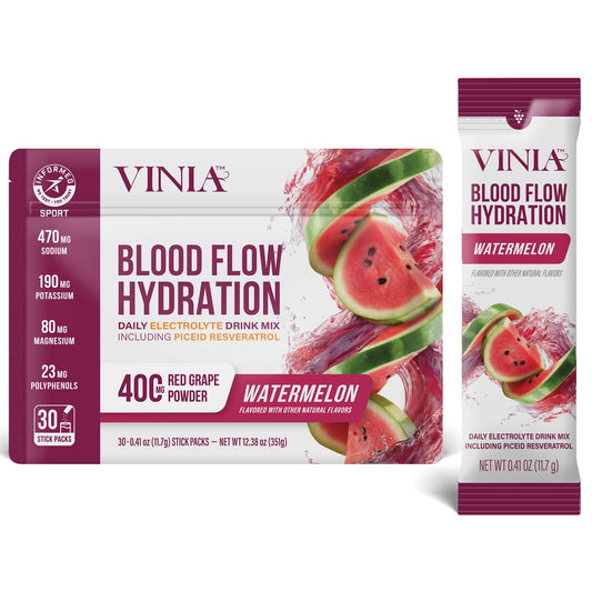 VINIA resveratrol electrolyte hydration front pack with watermelon flavor for hydration support