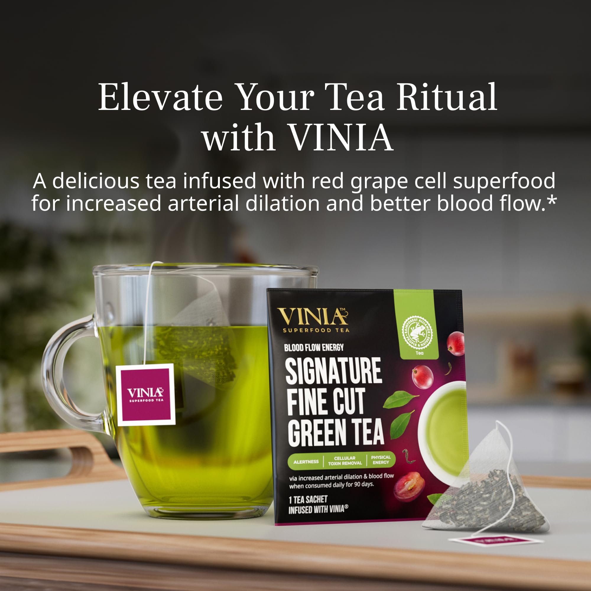 VINIA Signature Green Tea Bags closeup of fine-cut leaves for mindful sipping