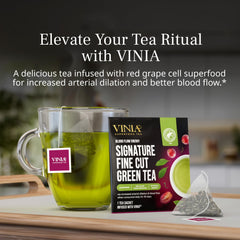 VINIA Signature Green Tea Bags closeup of fine-cut leaves for mindful sipping