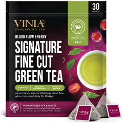 VINIA Signature Green Tea Bags pack shot highlighting convenient daily sachets for energy
