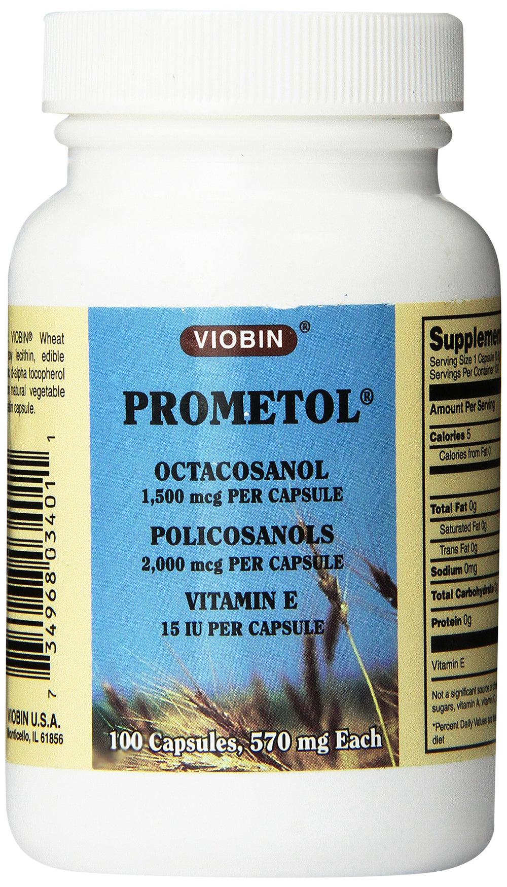 Viobin Prometol capsules bottle highlighting octacosanol and policosanols for daily nutrition.