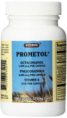 Viobin Prometol capsules bottle highlighting octacosanol and policosanols for daily nutrition.