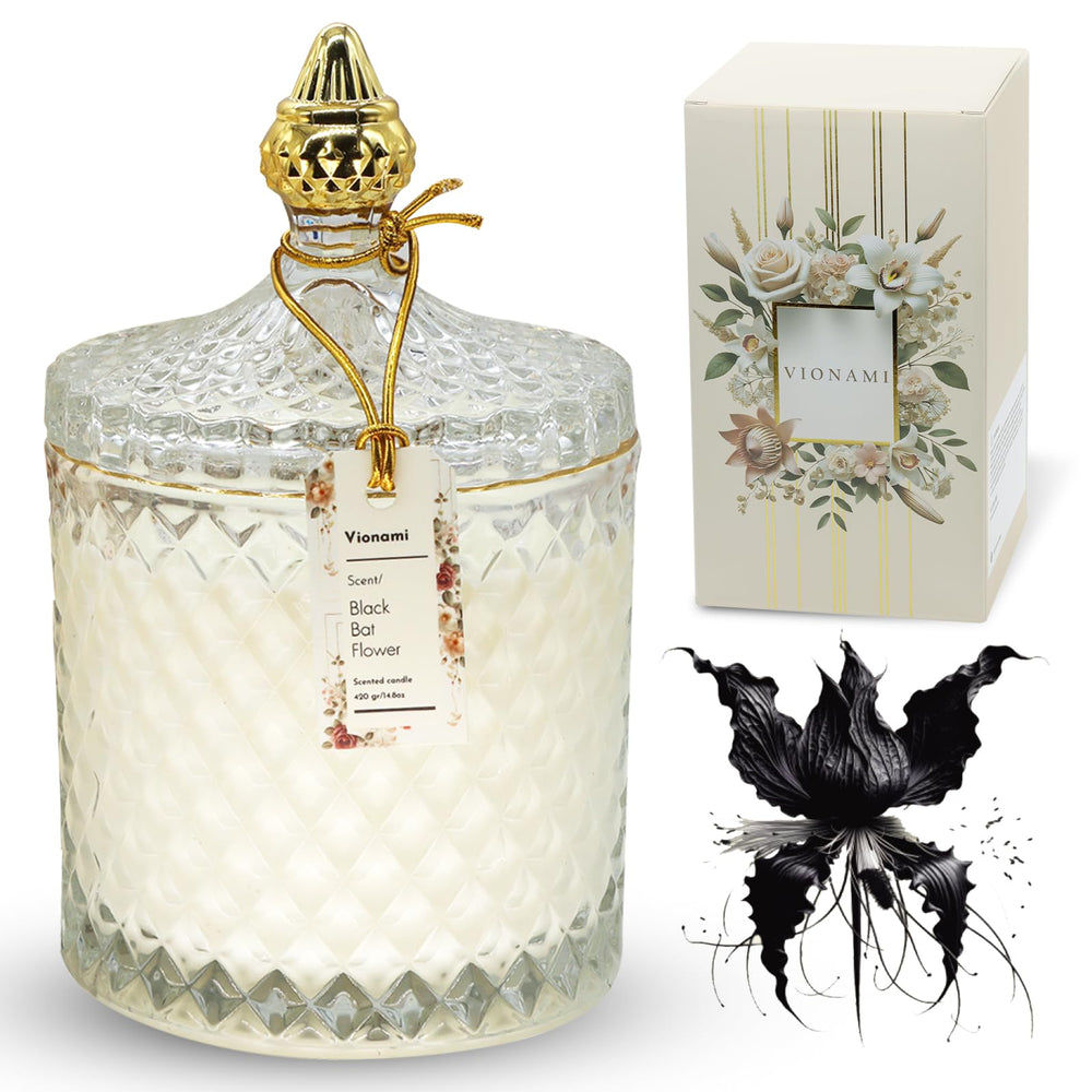 VIONAMI luxury candle in black bat rare flower jar for elegant ambience and long-lasting fragrance.