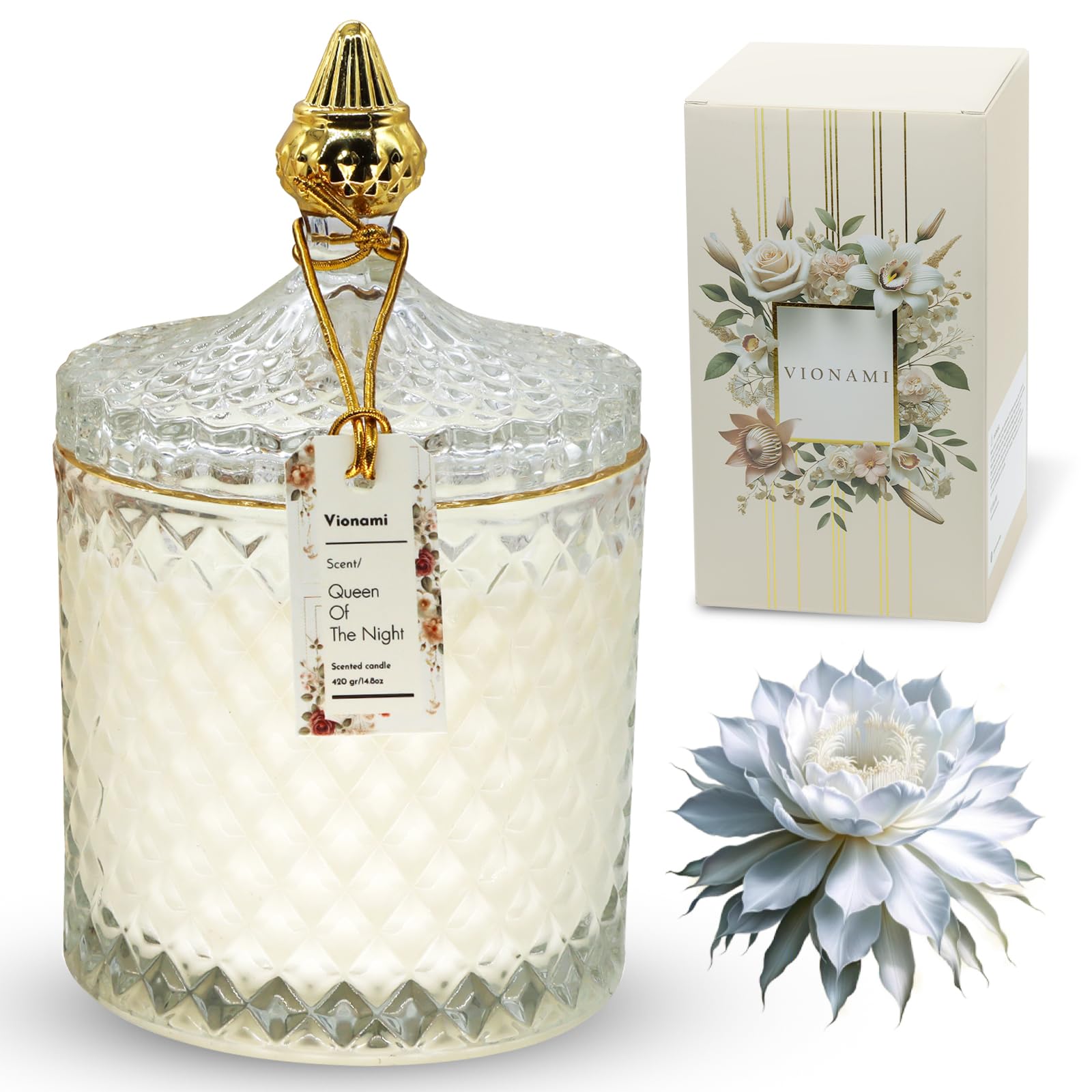 VIONAMI Queen of the Night candle in a decorative jar enhances ambiance with a unique floral scent