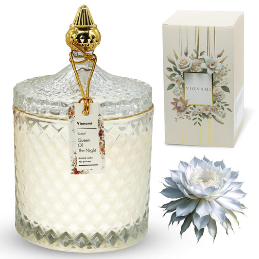 VIONAMI Queen of the Night candle in a decorative jar enhances ambiance with a unique floral scent