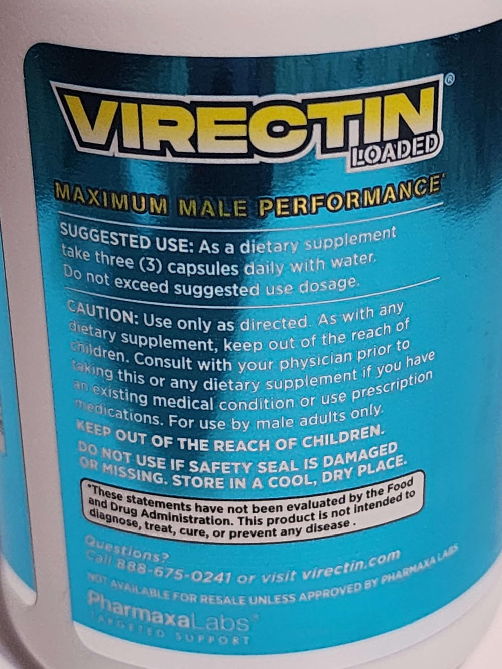 Virectin Loaded bottle label closeup emphasizes compact formula for on-the-go energy.