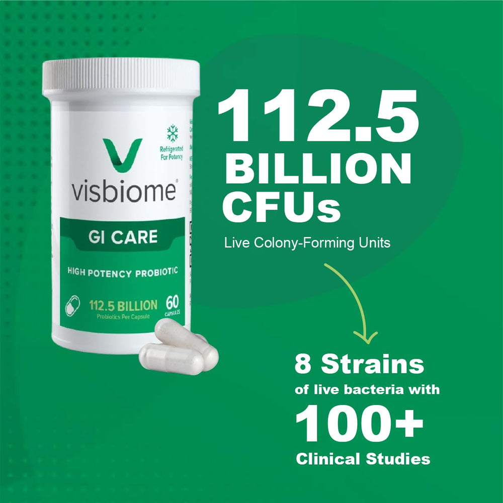 Visbiome GI Care 180 capsules indicates long-term daily probiotic support.