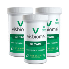 Visbiome GI Care bottle front shows high potency probiotic for gut balance.