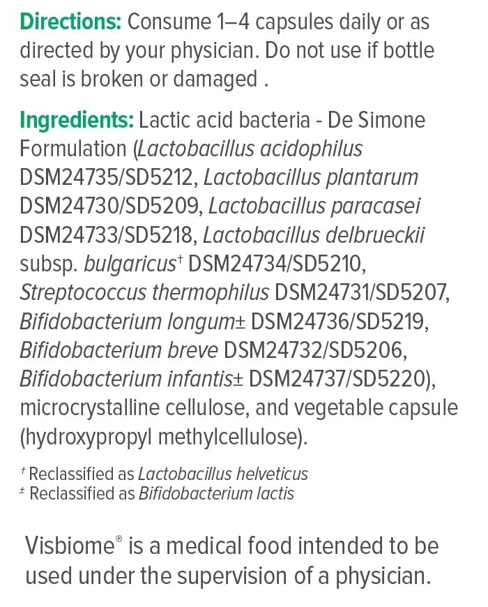 Visbiome GI Care ingredients list shows non-GMO and corn-free formulation.