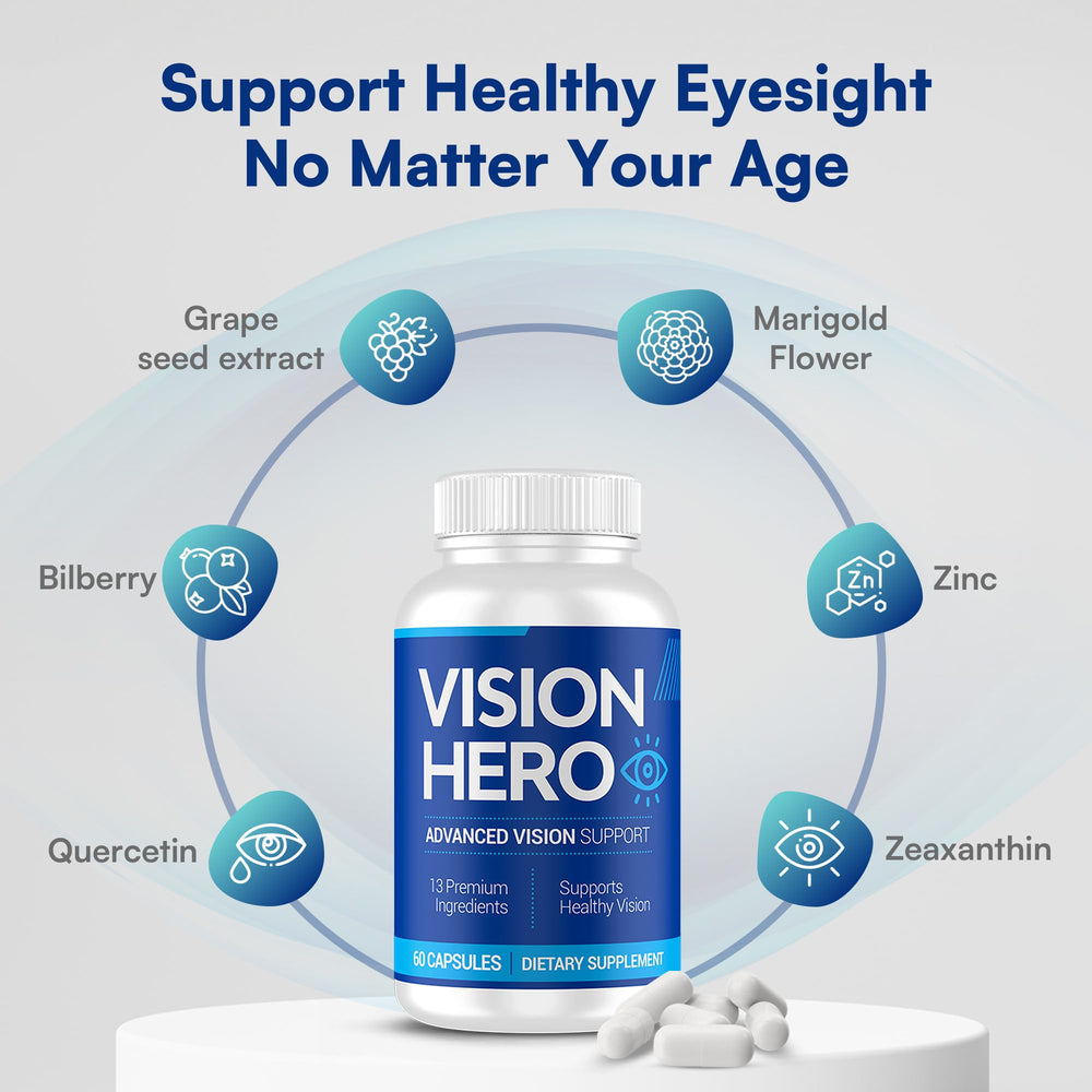 Vision Hero Advanced label and packaging signaling GMP-certified daily supplement.
