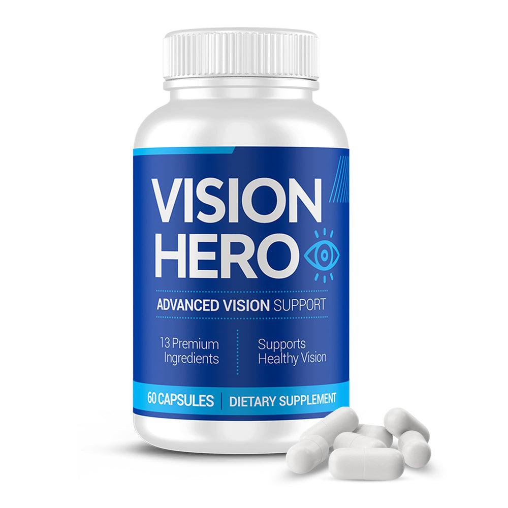 Vision Hero Advanced Vision Support bottle label highlights premium nutrients for daily eye health.
