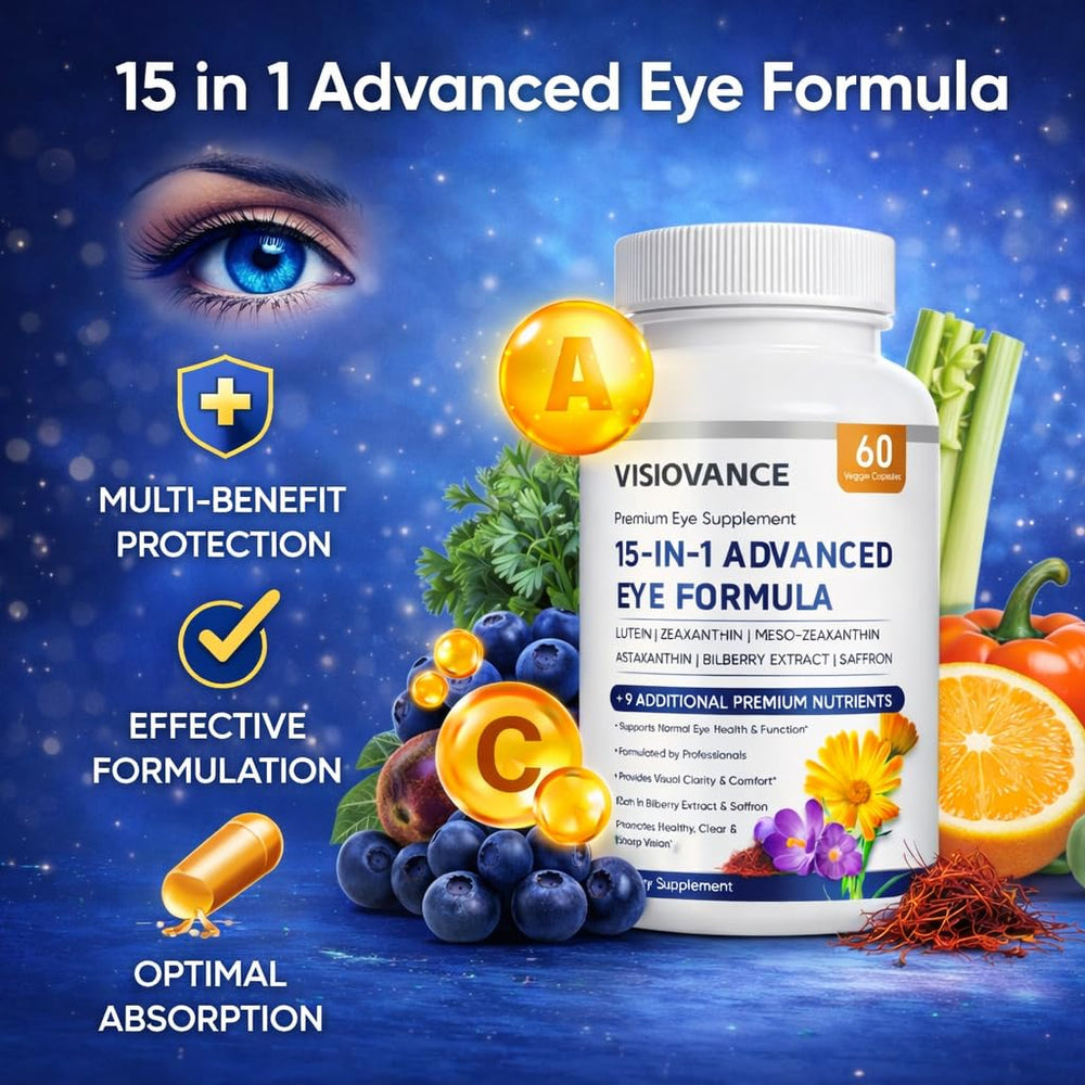 VISIOVANCE 15-in-1 bottle label emphasizes antioxidant blend for daily wellness