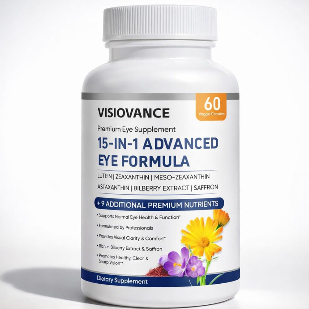VISIOVANCE 15-in-1 bottle pour showing convenient daily eye nutrition for screen time