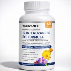 VISIOVANCE 15-in-1 bottle pour showing convenient daily eye nutrition for screen time