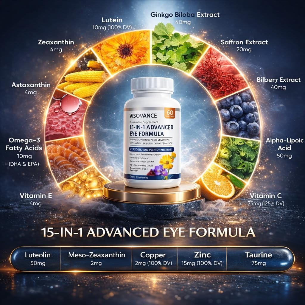 VISIOVANCE 15-in-1 capsules close-up highlight lutein and zeaxanthin for eye support