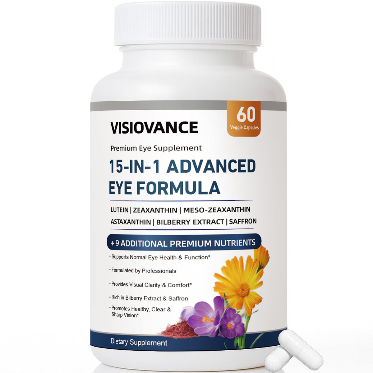 Visiovance 15-in-1 formula bottle for eye health support.