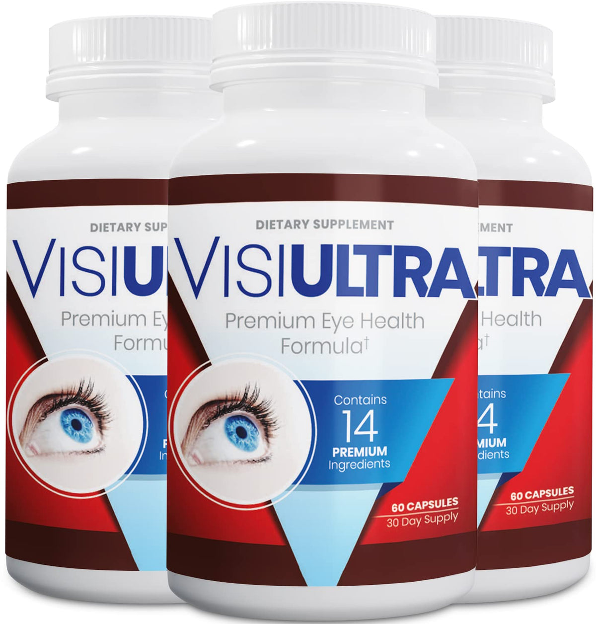 VisiUltra eye health bottle front with 60 capsules for daily visual support.