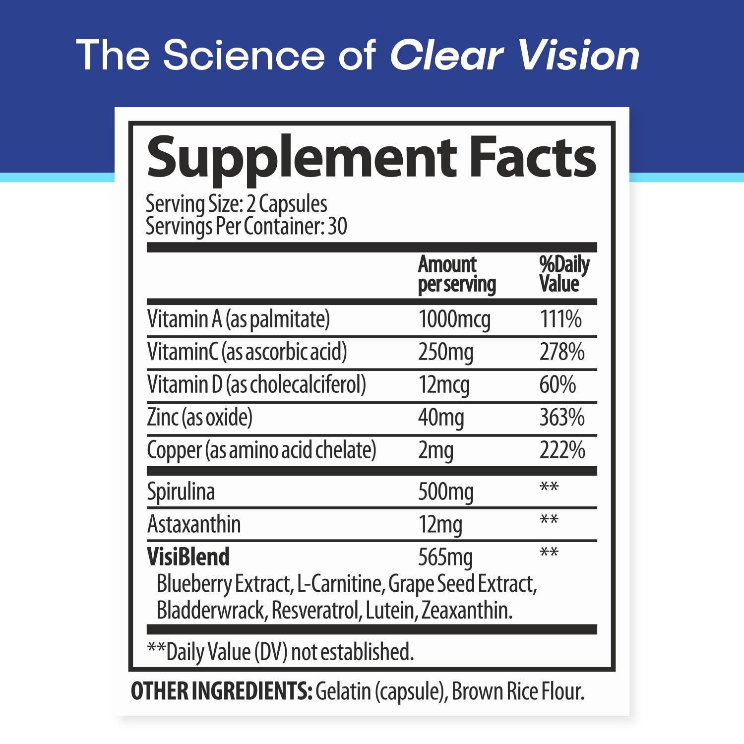 VisiUltra bottle side panel shows 14 nutrients for retina support.