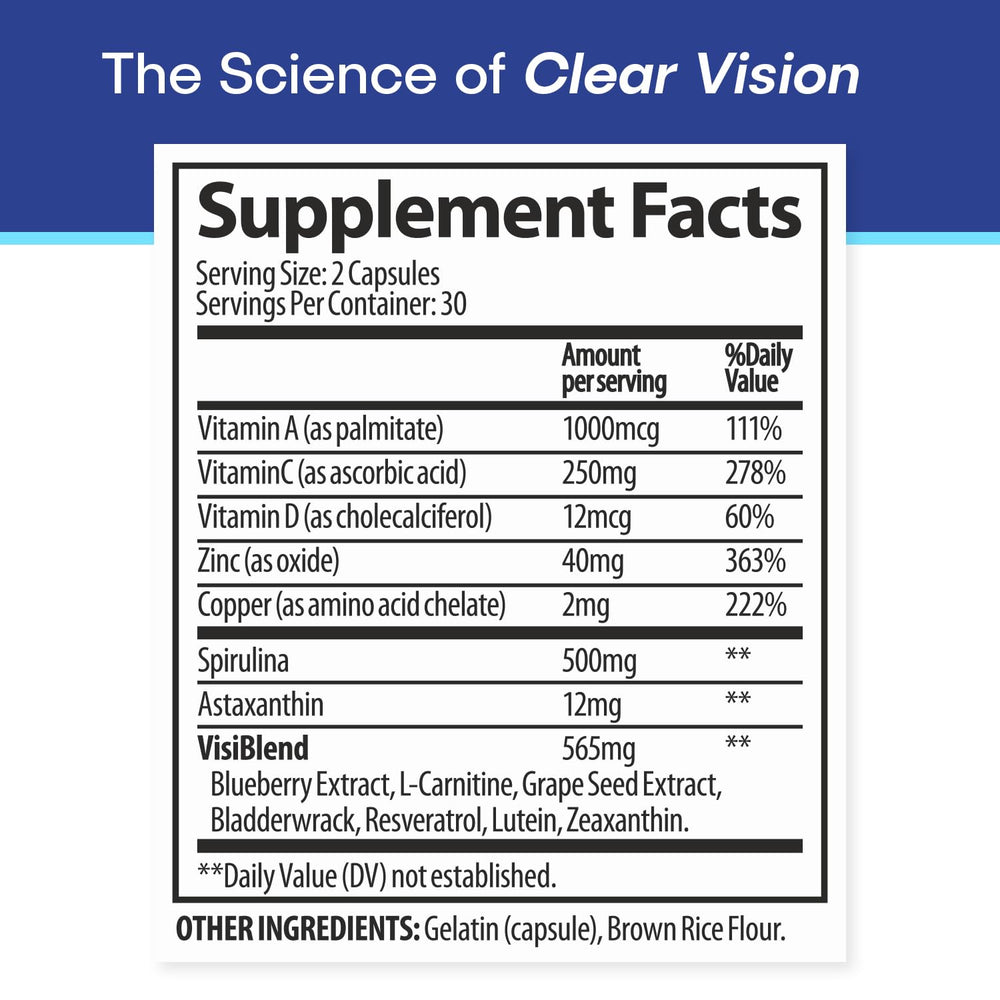 VisiUltra bottle side panel shows 14 nutrients for retina support.