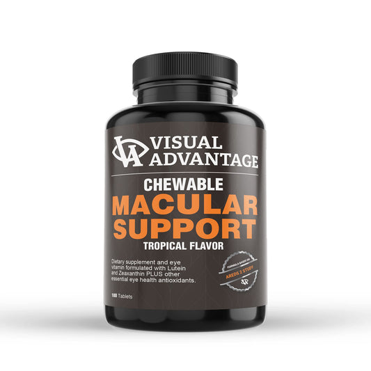 Visual Advantage Macular Support Chewables tropical bottle for daily eye nutrition.