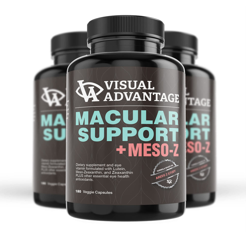 Visual Advantage Macular Support Meso-Z ingredients panel shows vitamins C and E