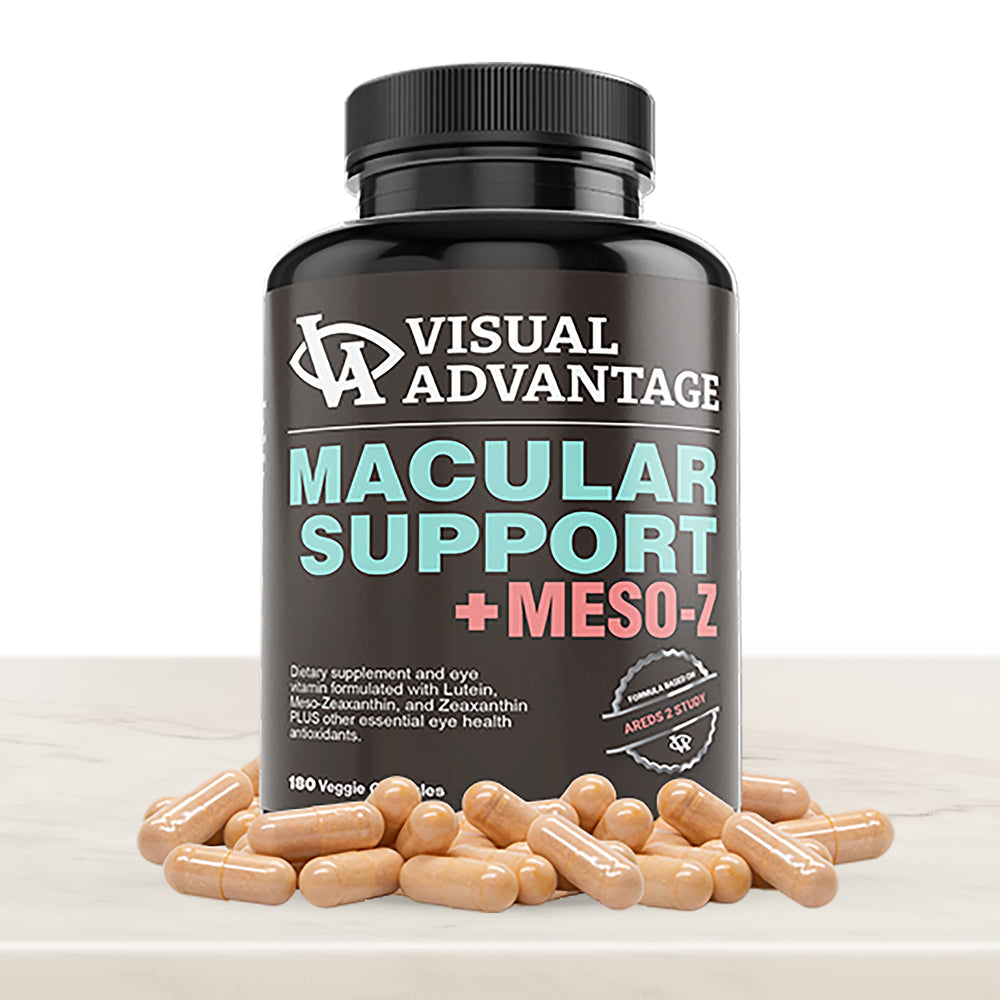 Visual Advantage Macular Support Meso-Z label closeup highlights lutein and zeaxanthin content